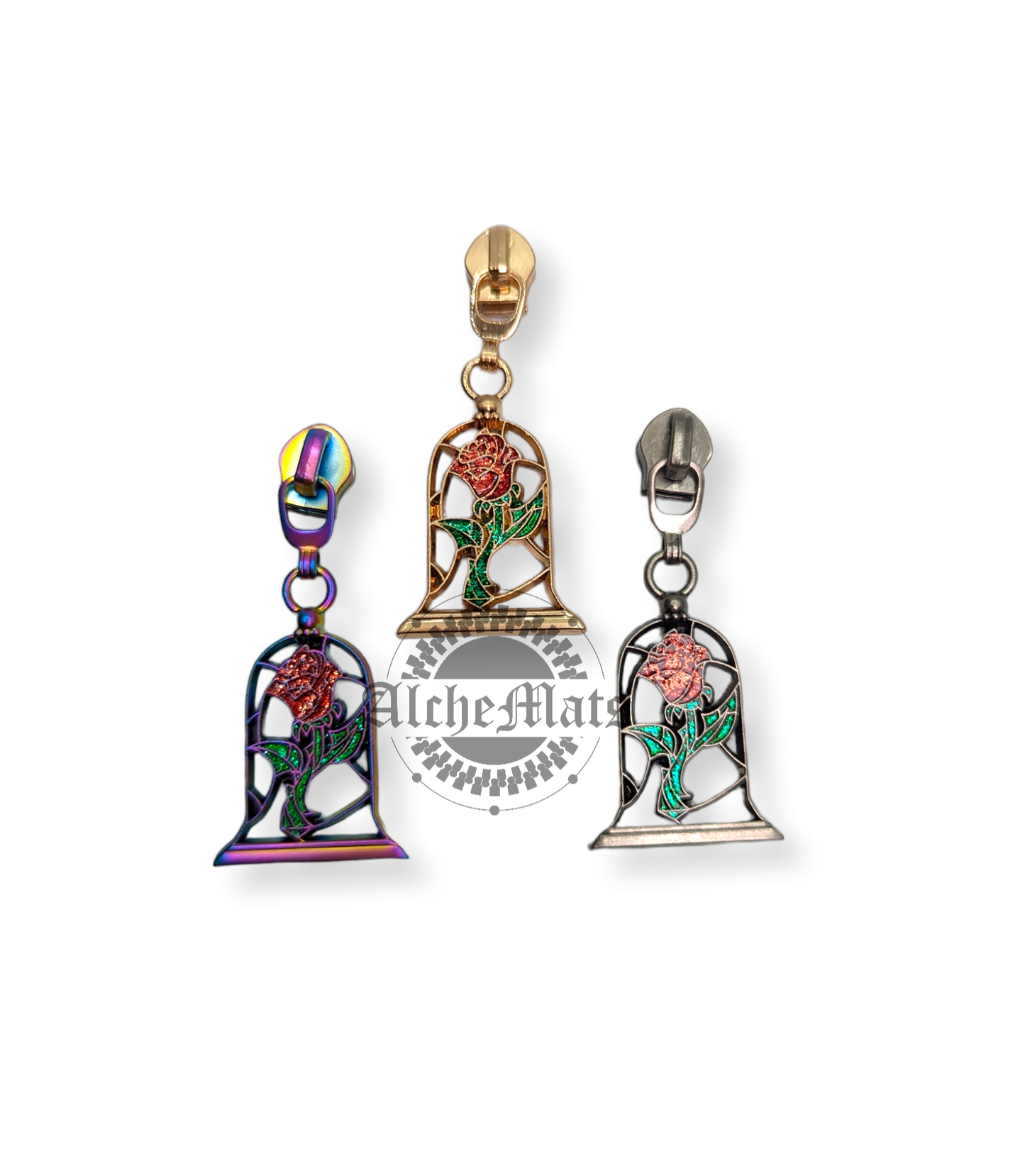 Retail Hardware Stained Glass Rose Glitter Enamel #5 Zipper Pull